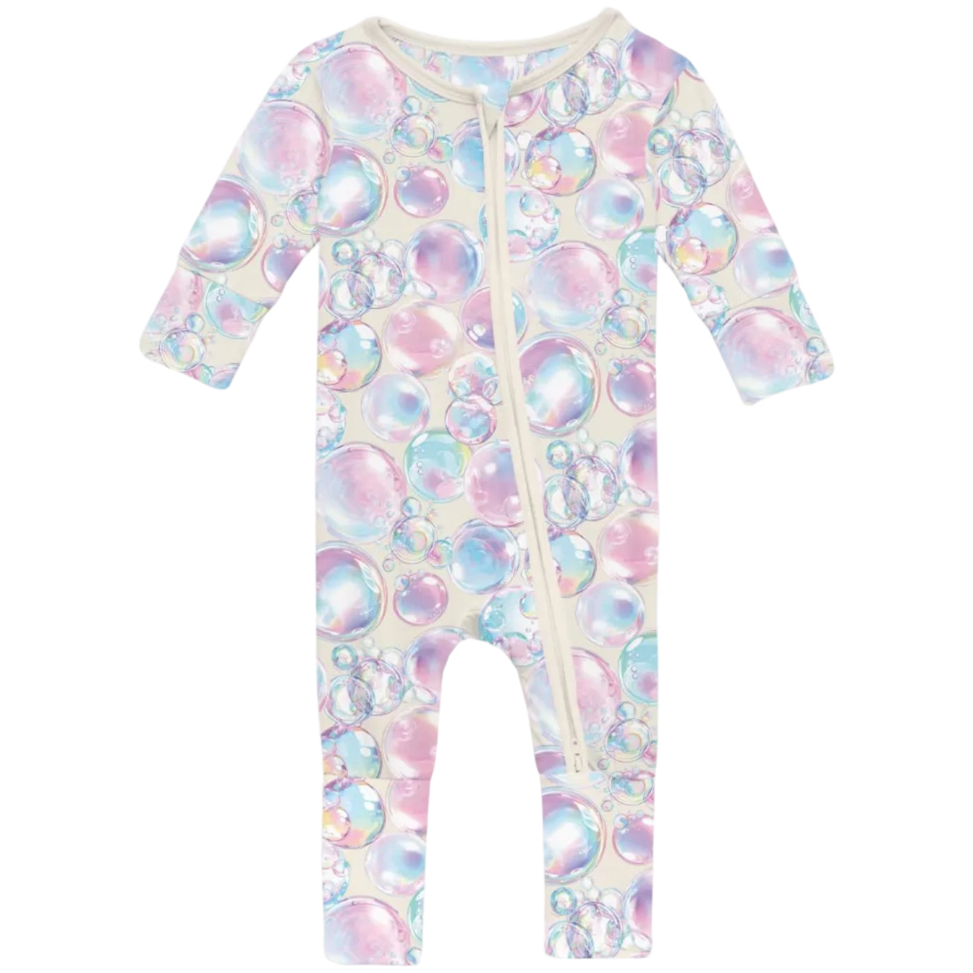 A multicolored baby romper with a bubble pattern and a zipper down the front
