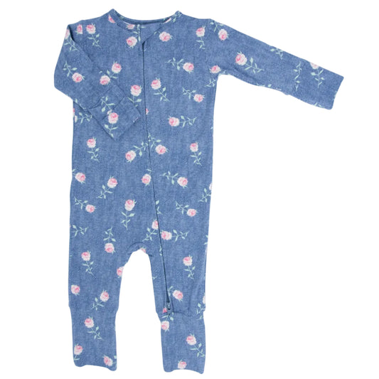 Blue baby onesie with floral pattern on a white background
