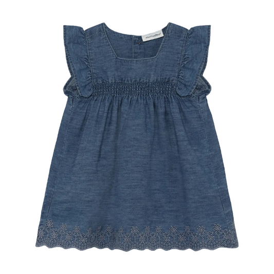 Blue denim dress with ruffled sleeves on a white background