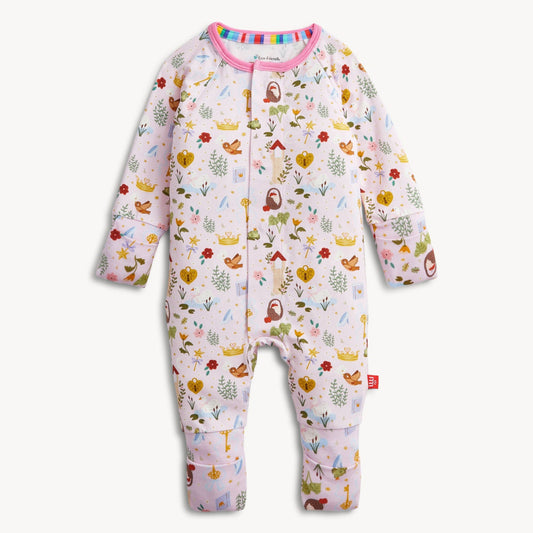 Baby onesie with colorful animal and nature pattern on a white background