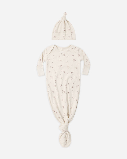 Fall Ditsy Gown + Hat flat lay - Quincy Mae organic cotton knotted baby gown and hat set, fall ditsy print