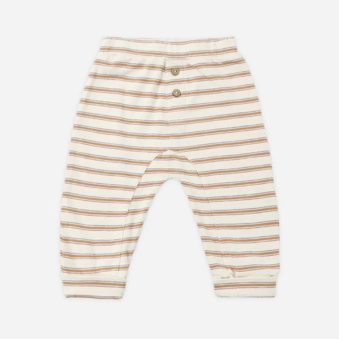 A pair of baby pants with horizontal beige and white stripes, featuring a buttoned henley waistband and a relaxed, baggy fit, shown flat on a light gray background.