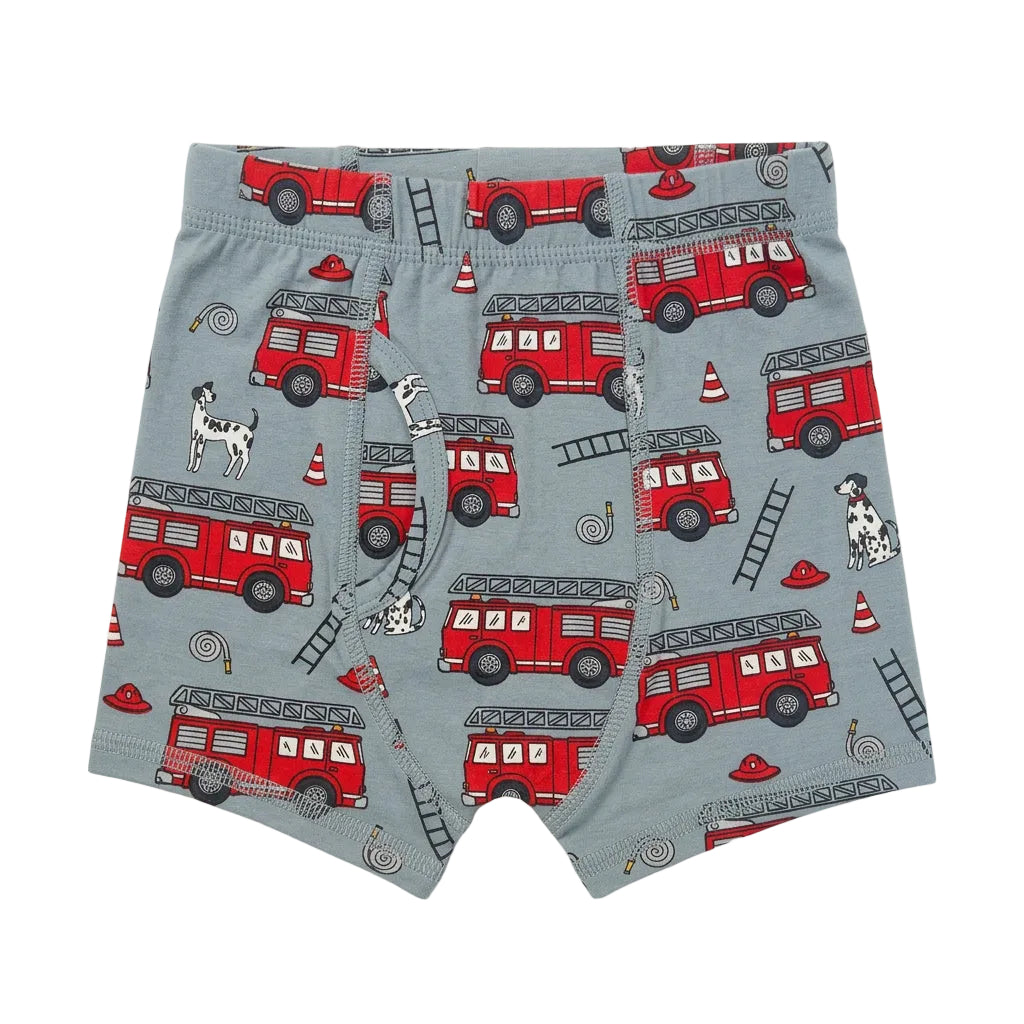 Gray boy's boxer briefs featuring a red fire truck and firefighter pattern,