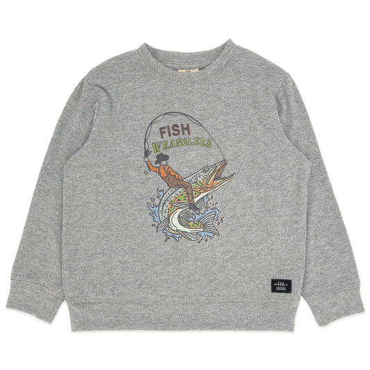 Gray sweatshirt with fish-themed graphic on a white background