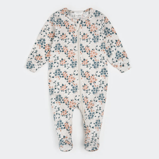 Pink and Blue wildflower print on white baby footie
