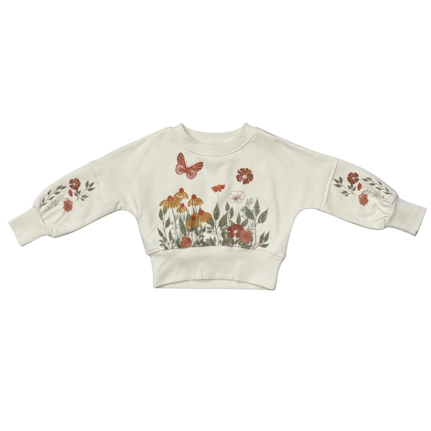 Children's sweater with floral and butterfly design on a white background