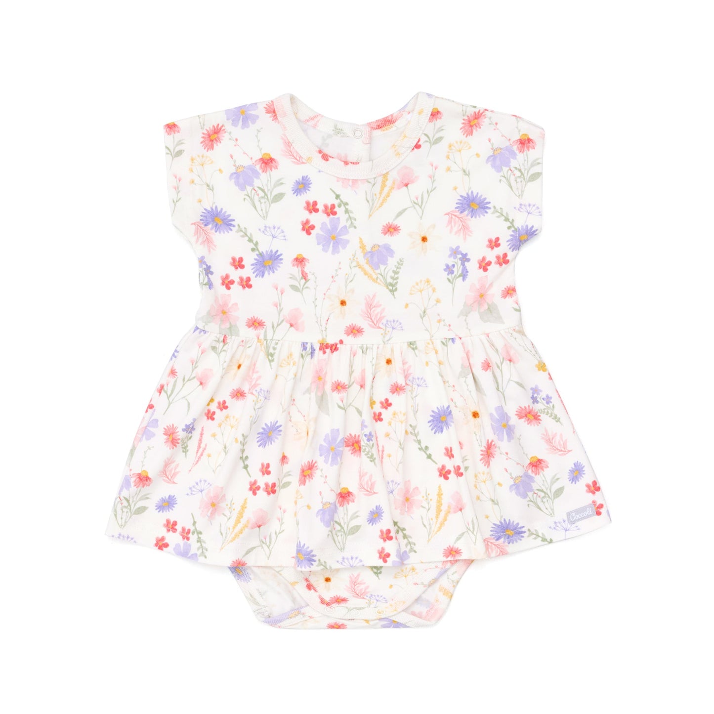 Floral-patterned baby romper on a white background