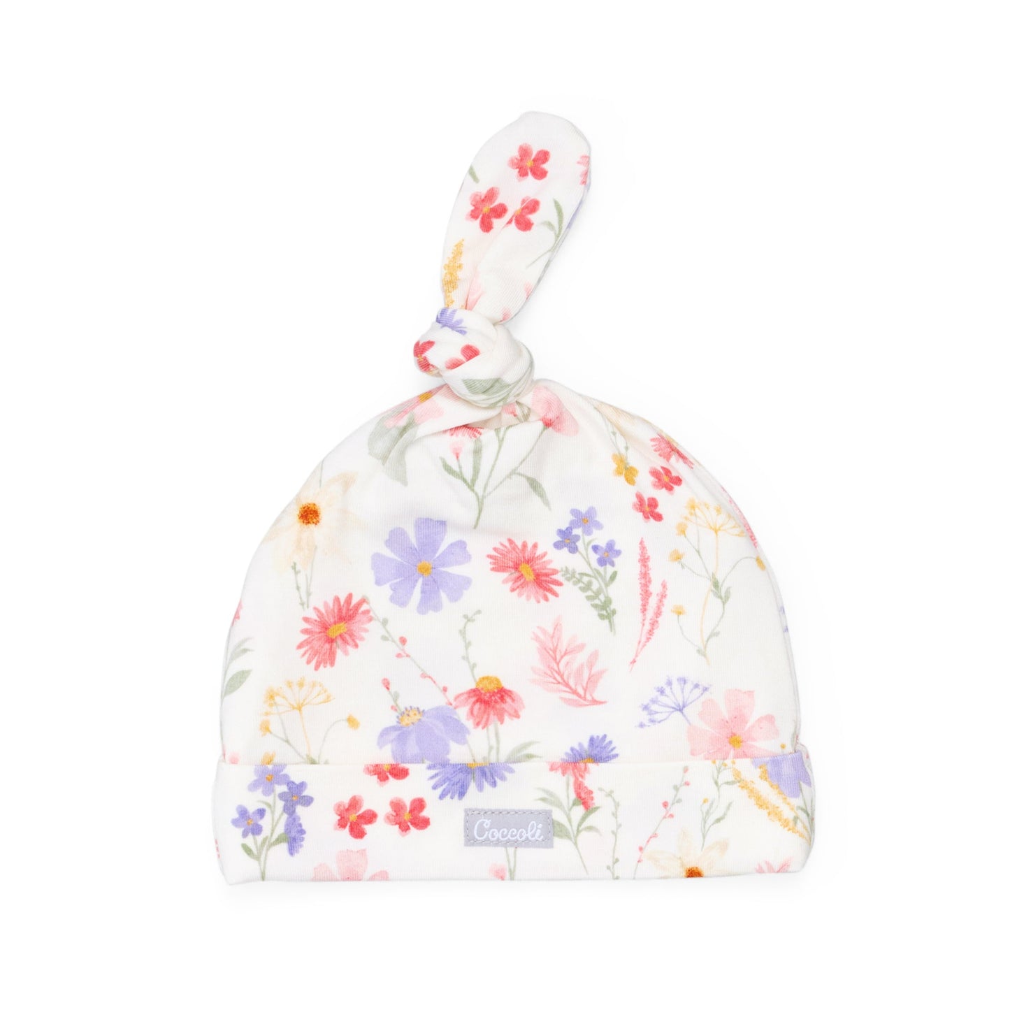 Floral-patterned baby hat on a white background