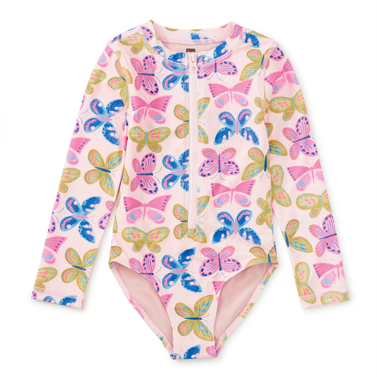Girl's rash guard swimsuit with butterfly pattern