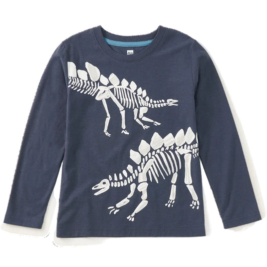A grey long-sleeve crewneck shirt for kids, featuring a white skeleton print of two dinosaurs on the front, displayed flat against a white background.