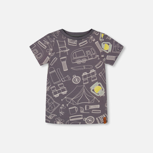 A charcoal gray t-shirt with a pattern that includes images such as a tent, car, and lanterns, displayed against a white background.