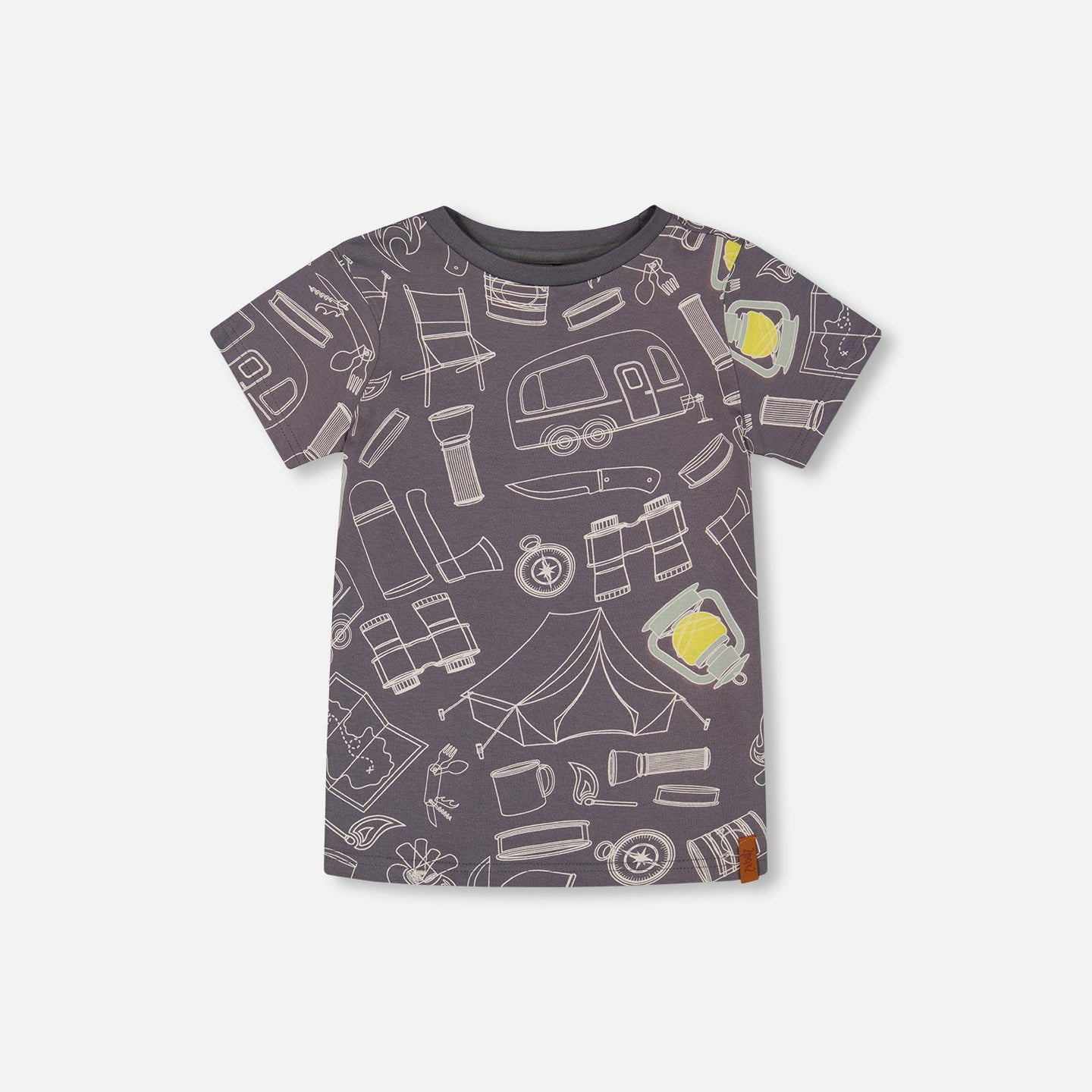A charcoal gray t-shirt with a pattern that includes images such as a tent, car, and lanterns, displayed against a white background.