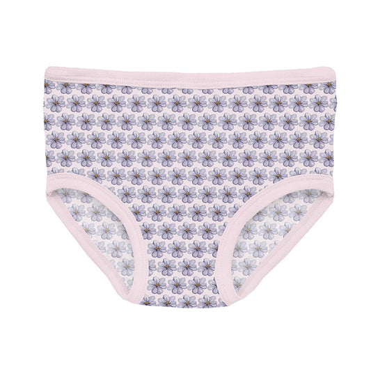 Purple violet floral-patterned underwear with pink trim.