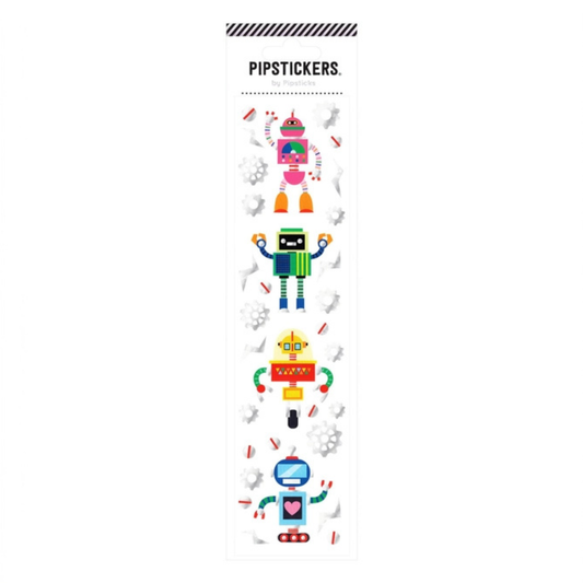 Colorful robot stickers with glitter and silver foil accents