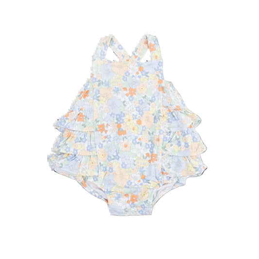 Georgia floral patterned baby romper with ruffles.