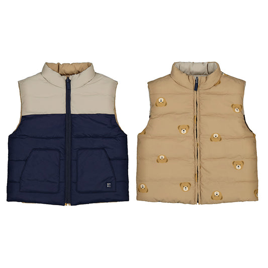 Two puffer vests, one navy and beige, the other beige with gold buttons, on a white background.