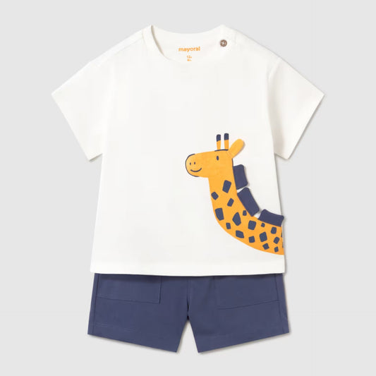Baby Boys outfit with a white t-shirt featuring a giraffe design and navy shorts