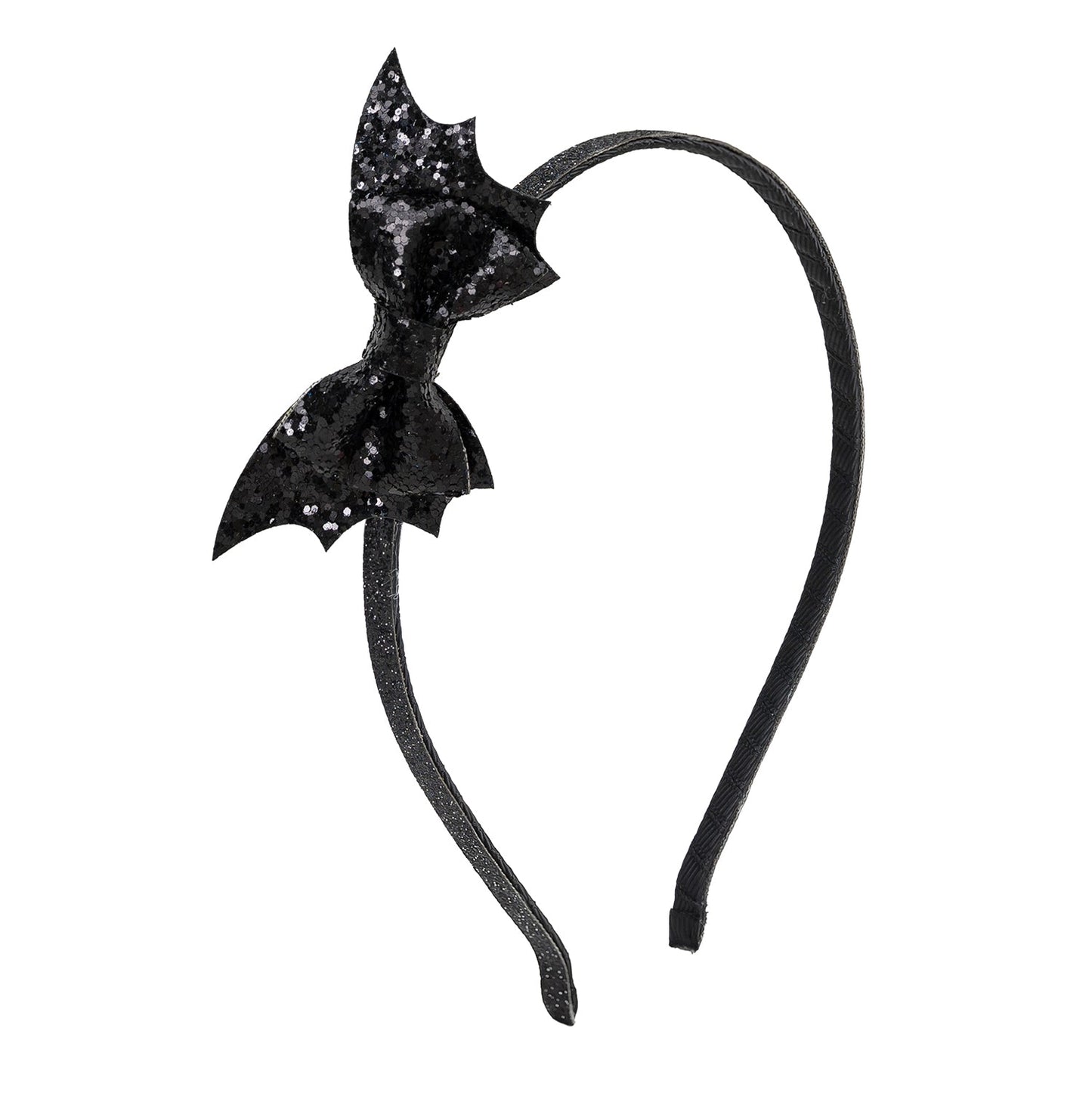 Black glittery headband with a bow design on a white background