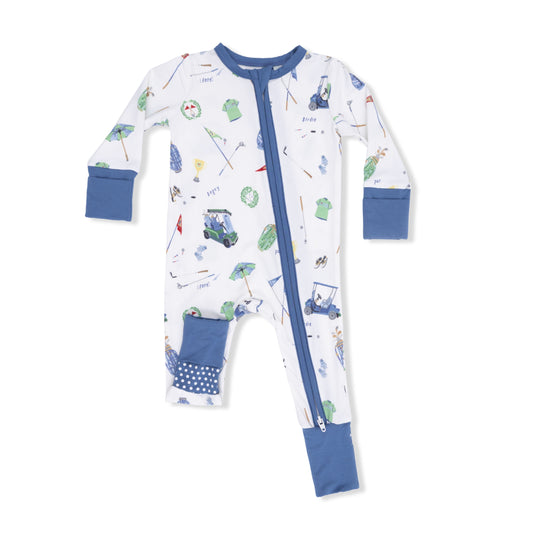 Baby convertible footie with golf-themed print and zip closure.