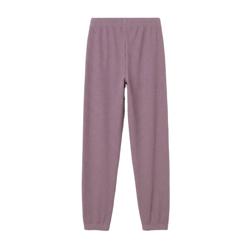 A pair of loose-fitting, wide-leg sweatpants in a dusty mauve-purple color,