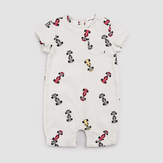 Baby romper with car pattern on a white background