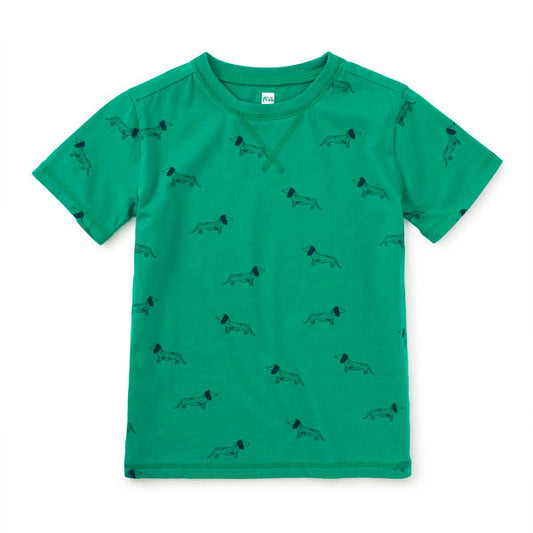 Green t-shirt with black dog pattern