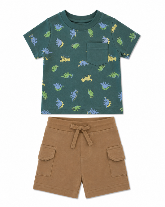 Children's outfit with green dinosaur-patterned shirt and brown shorts on a white background