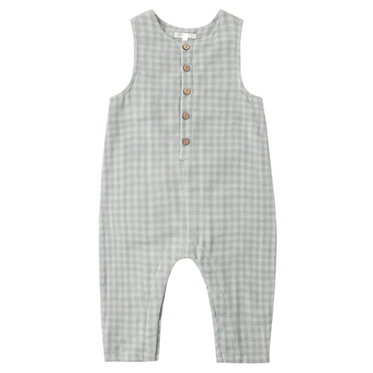 Gray checkered romper with button details on a white background