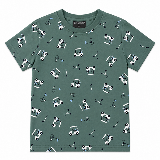 Green t-shirt with golf-themed pattern on a white background