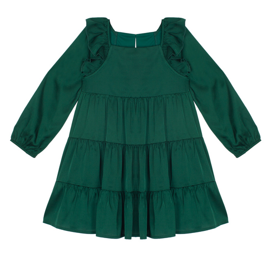 Green dress with ruffled shoulders on a white background