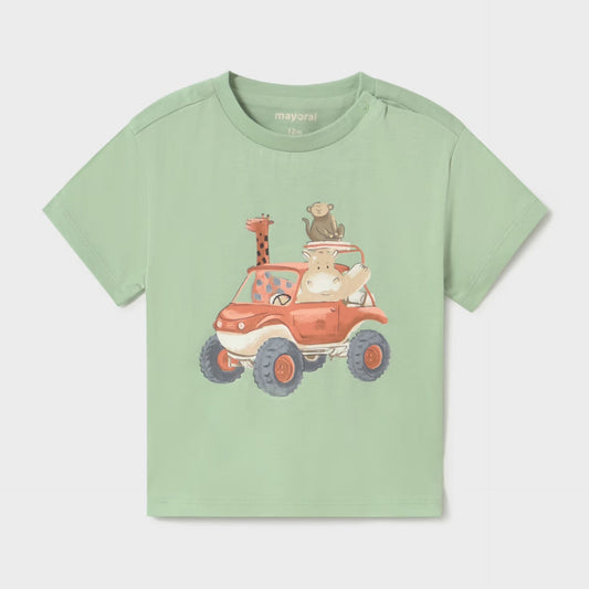 Green t-shirt with safari cartoon character s in a jeep
