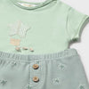 Light green baby outfit with star patterns on a white background