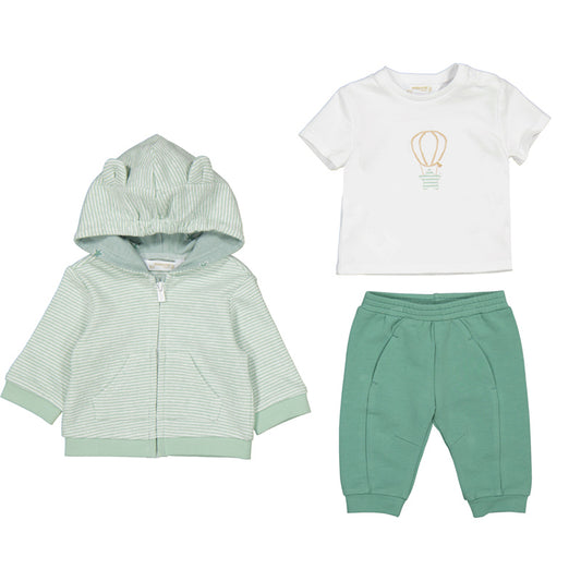 baby's outfit set with green jacket, white t-shirt with balloon design, and green pants on a white background