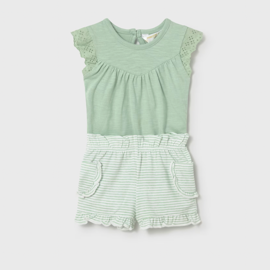 Green lace trim onesie and green stripe shorts set