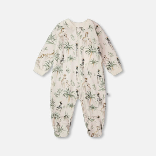 White footie pajamas with zebra and palm all-over print