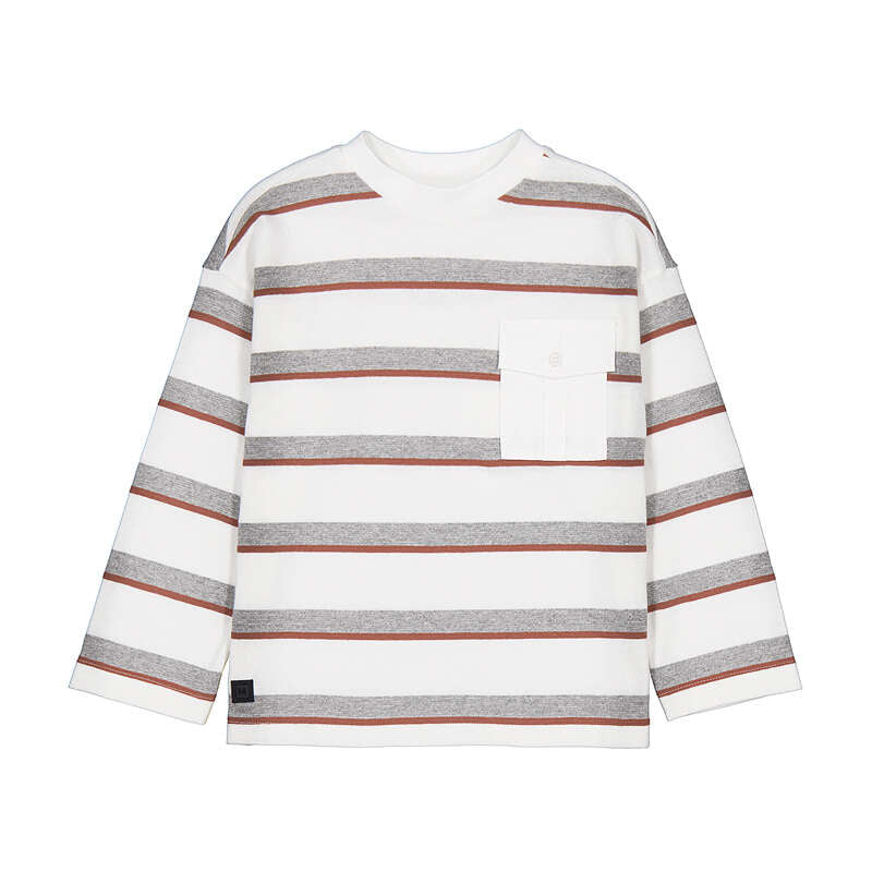A long-sleeve crewneck shirt with horizontal stripes in gray, rust brown, and white, featuring a white chest pocket.