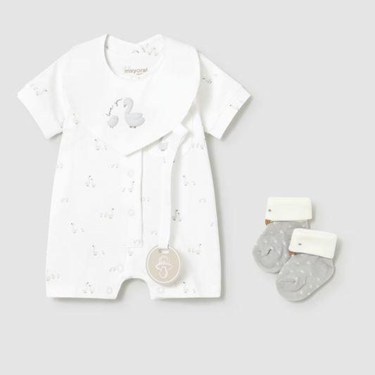 Baby romper with goose design and matching socks on a light gray background