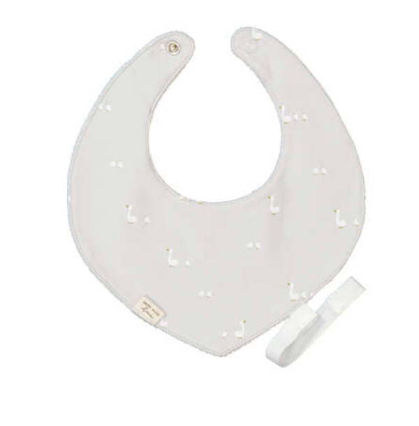 Soft grey baby bib with allover tonal goose print, snap closure, and attached pacifier clip, Mayoral newborn bib