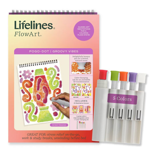 Lifelines FlowArt product packaging with coloring book and markers on a white background