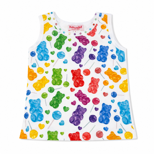 Colorful tank top with gummy bear and lollipop pattern on a white background