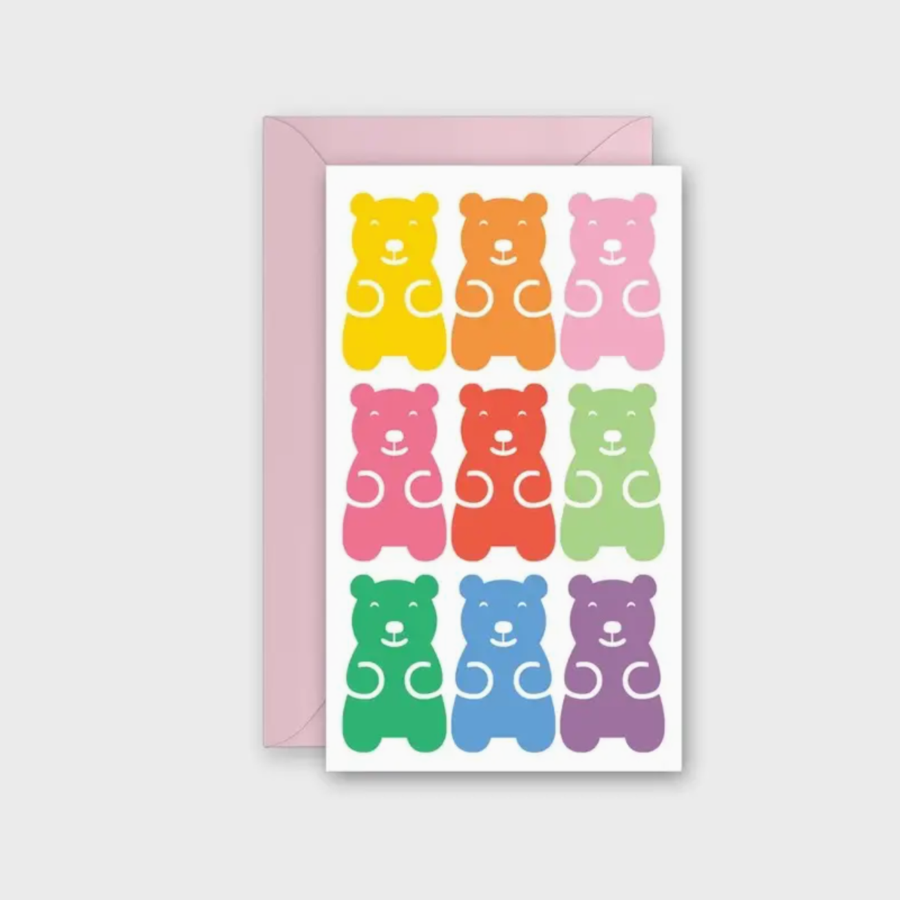 Colorful gummy bear pattern on a card with a pink envelope.