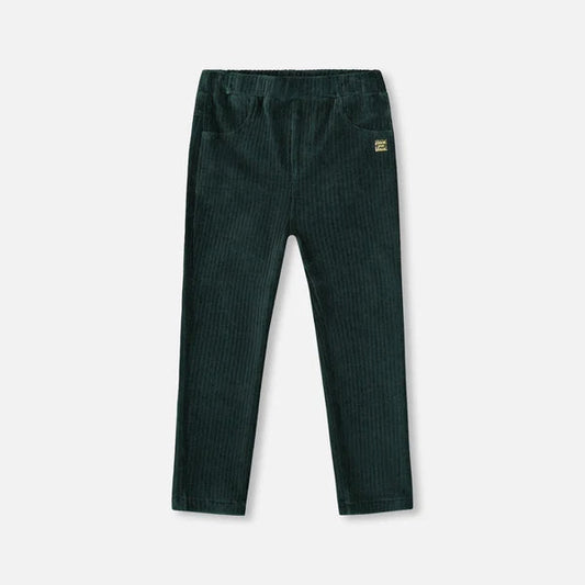 Dark green corduroy pants on a light gray background
