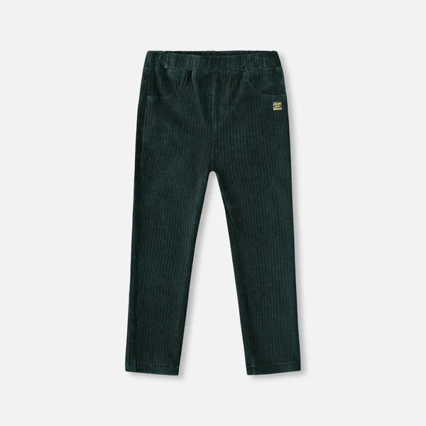 Dark green corduroy pants on a light gray background