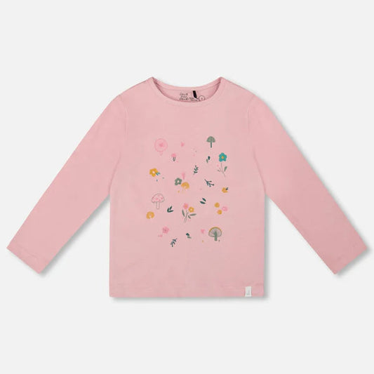 Pink long-sleeve shirt with floral designs on a light gray background