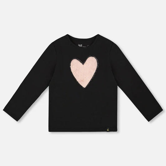 Black long-sleeve shirt with a pink heart design on a light gray background