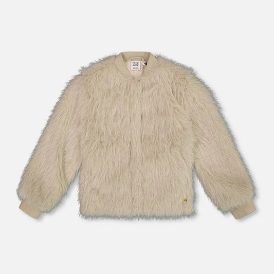 Beige fluffy jacket on a light gray background
