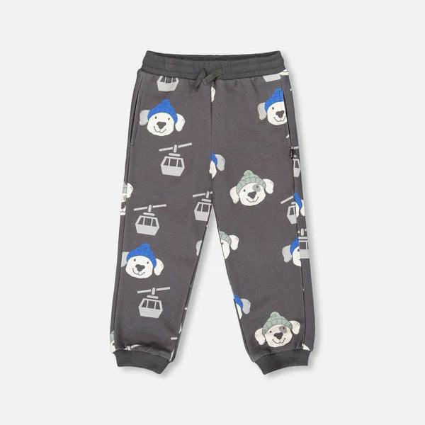 Children's gray sweatpants with bear and ski resort icons on a white background