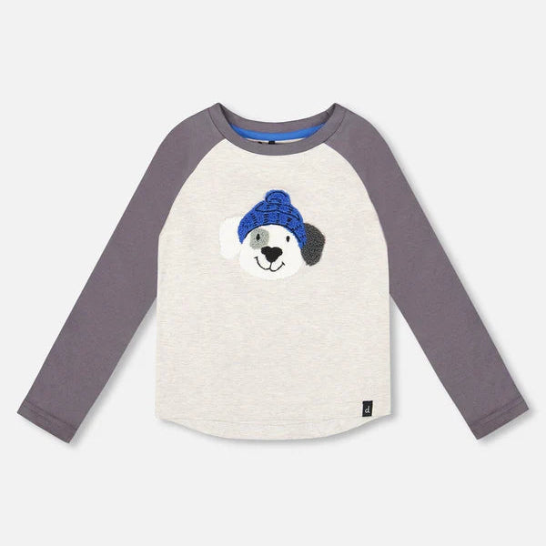 Long-sleeve shirt with a dog wearing a blue beanie on a white background