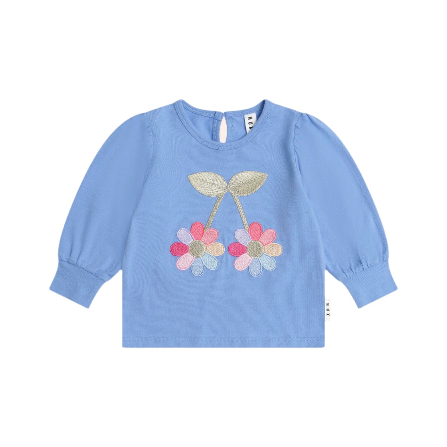 Blue long-sleeve shirt with floral design on a white background