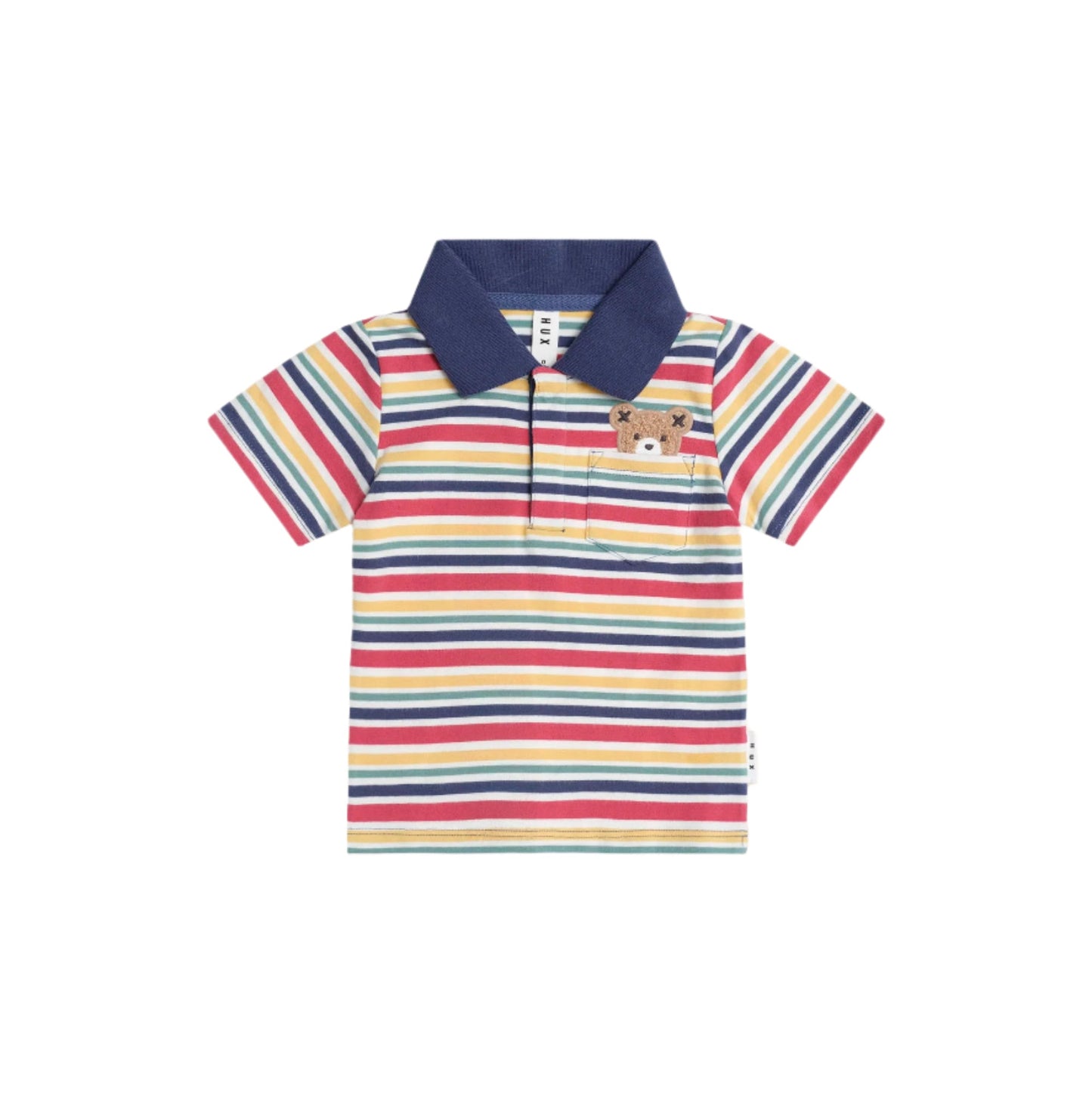 Colorful striped polo shirt with a navy collar on a white background